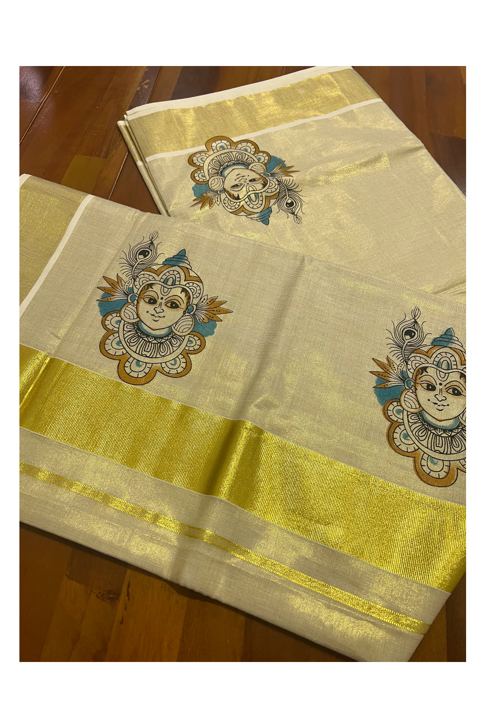 Kerala Tissue Kasavu Saree with Mural Printed Baby Krishna Face Design