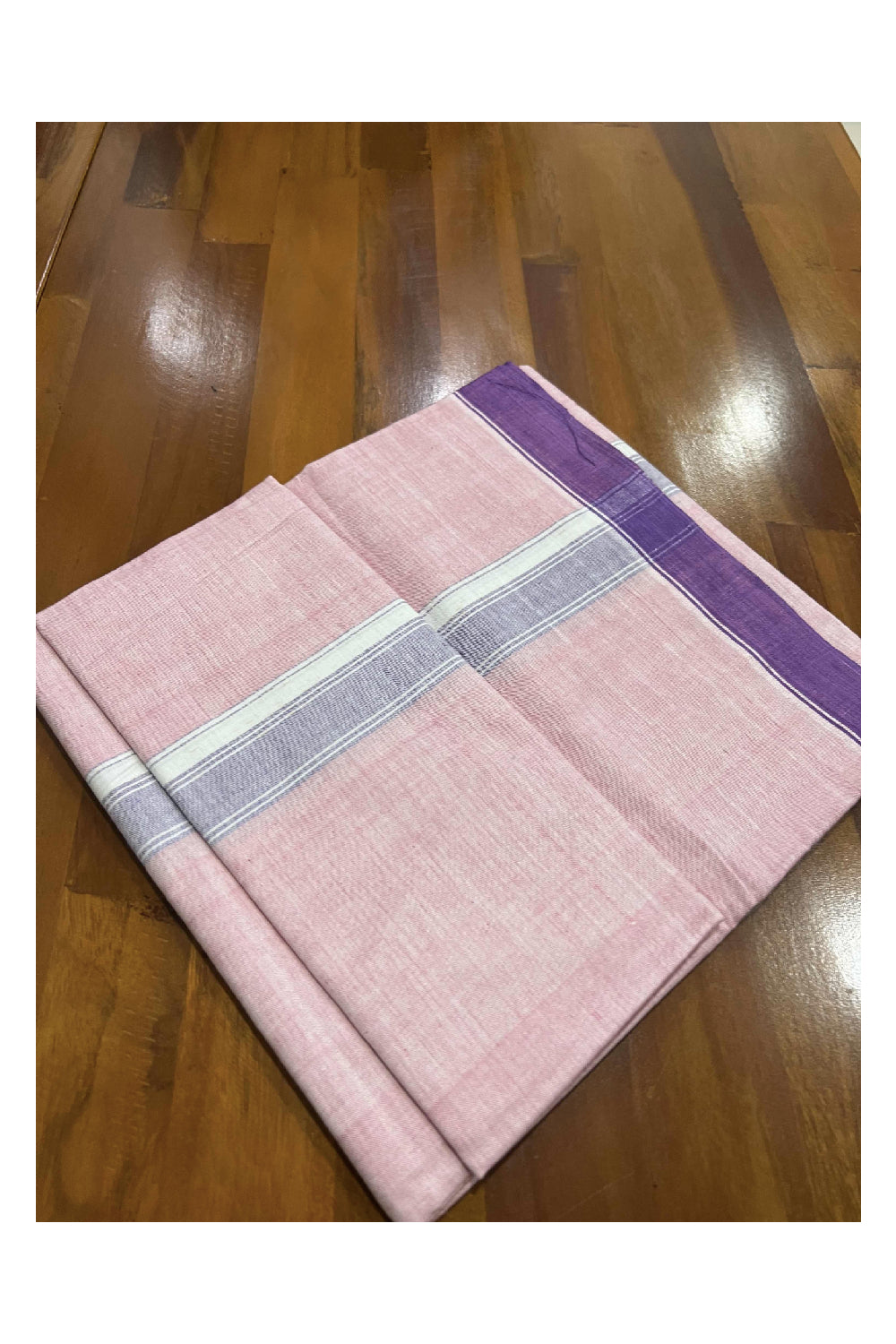 Southloom Premium Handloom Bright Pink Single Mundu with Violet Border (Lungi)