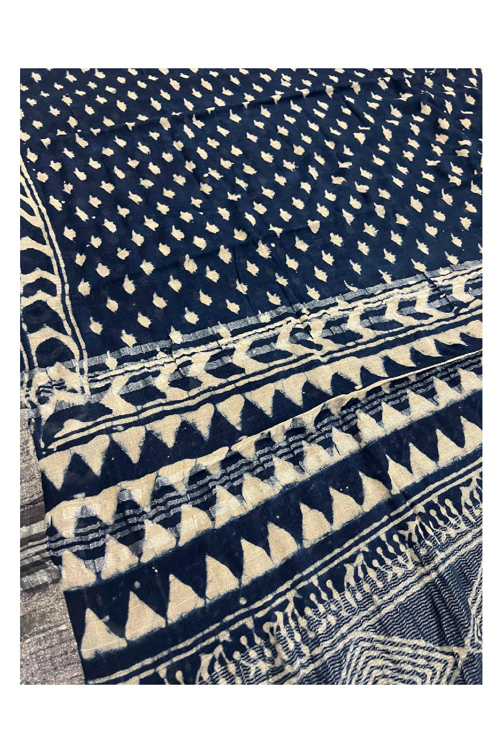 Southloom Linen Designer Saree with White Prints on Blue Body and Tassels on Pallu