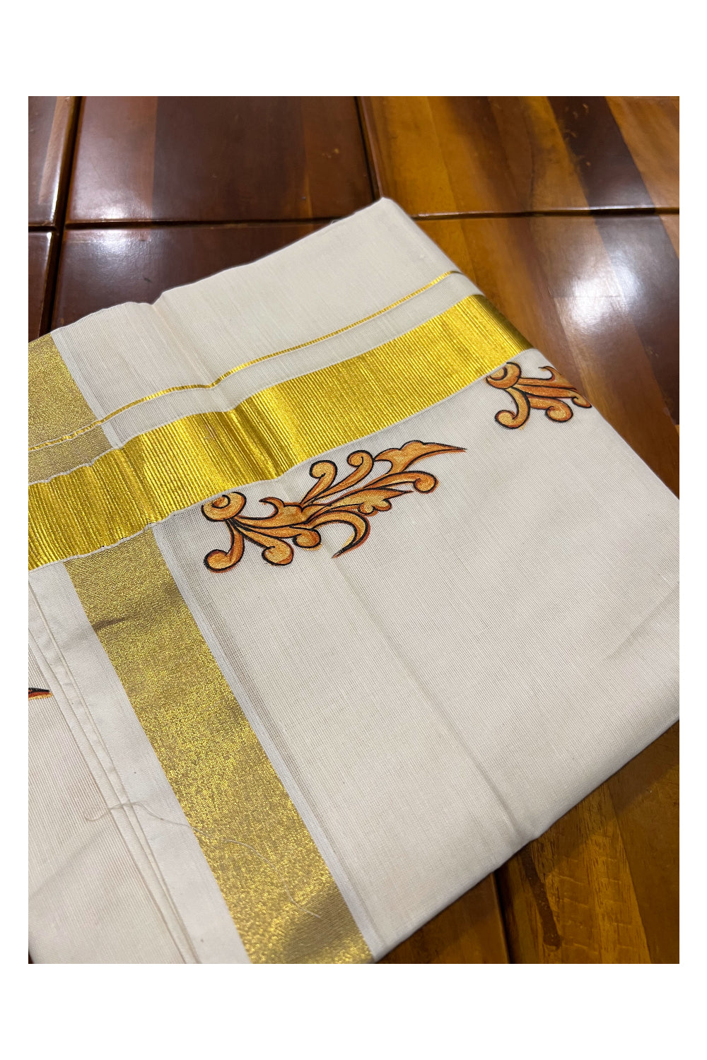 Pure Cotton Kasavu Mundu with Mural Hand Painted Design (South Indian Dhoti)