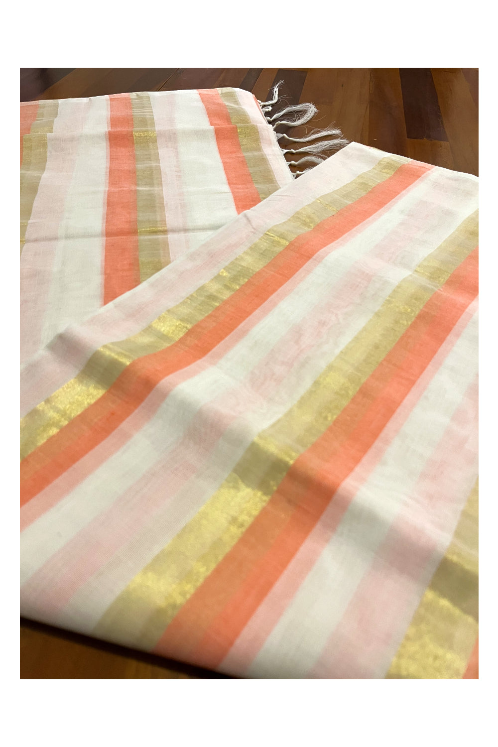 Southloom™ Premium Handloom Cotton Kerala Saree with Kasavu and Orange Lines work on Body