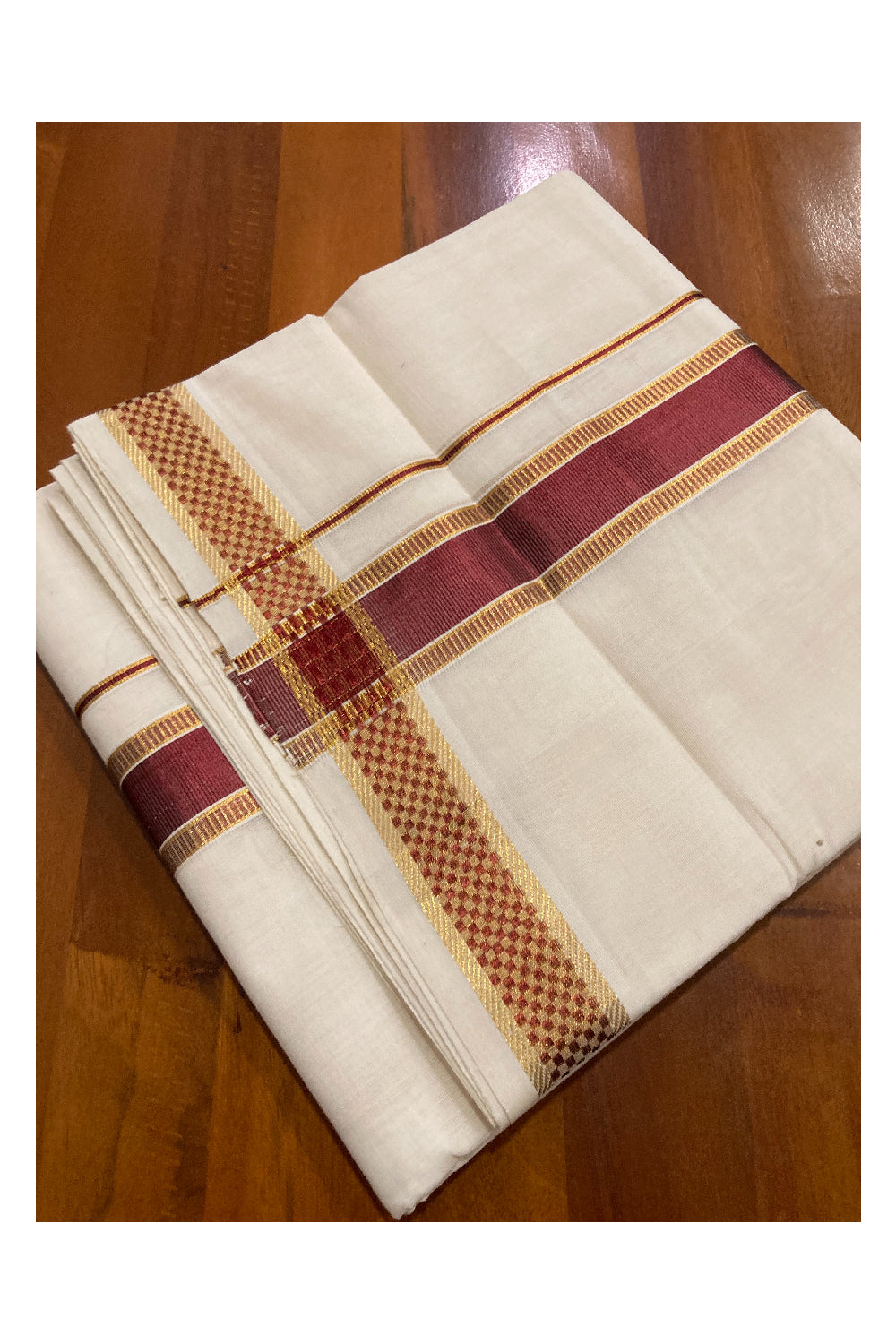 Southloom Premium Handloom Pure Cotton Mundu with Golden and Maroon Kasavu Design Border (South Indian Dhoti)