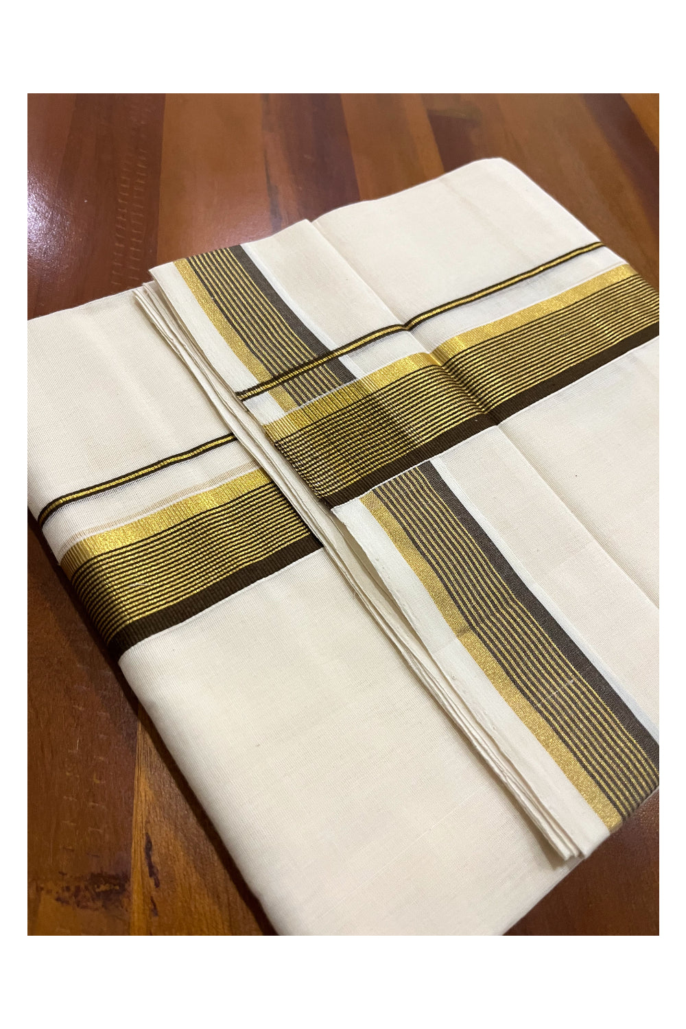 Southloom Premium Handloom Pure Cotton Mundu with Brown and Kasavu Border (South Indian Dhoti)