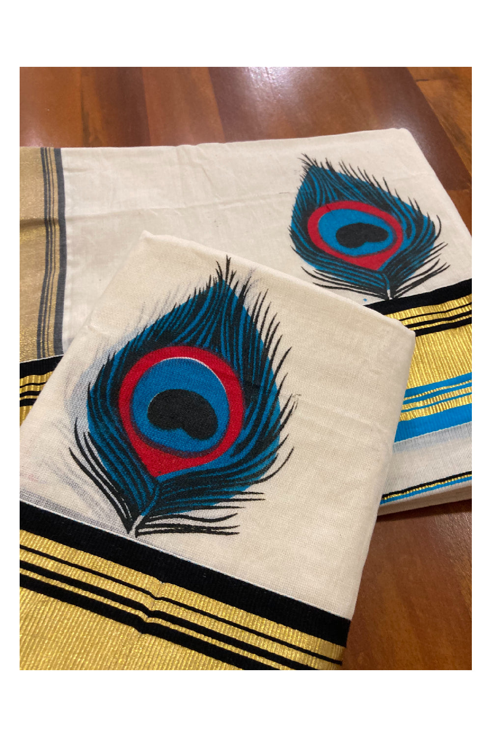 Single Set Mundu in Kasavu and Kara Border with Peacock Feather Hand Block Prints