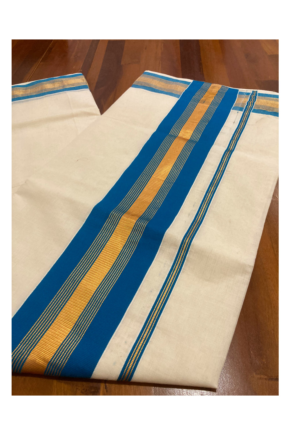 Kerala Pure Cotton Plain Saree with Kasavu and Blue Border