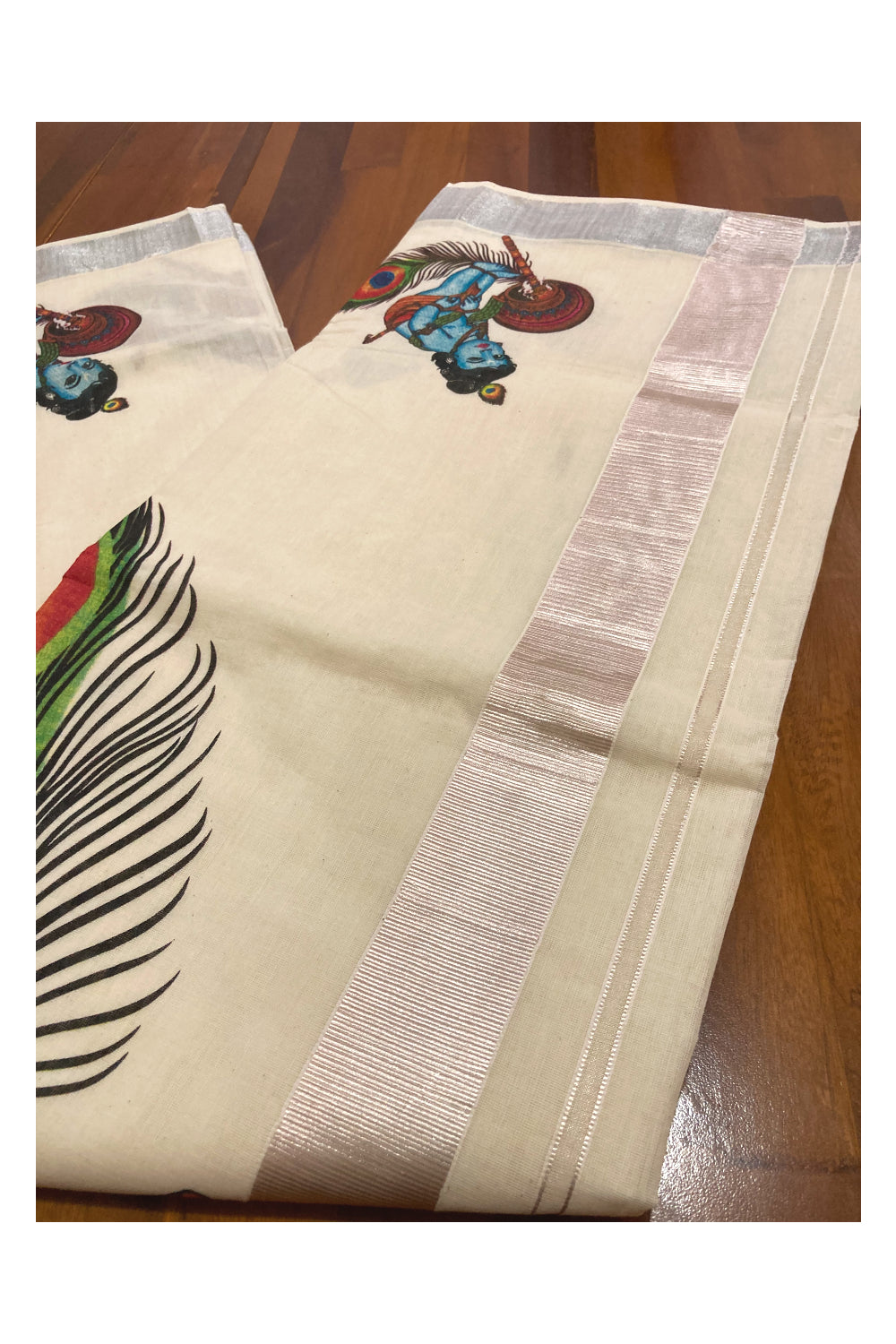 Pure Cotton Kerala Saree with Baby Krishna Mural Prints and Silver Border