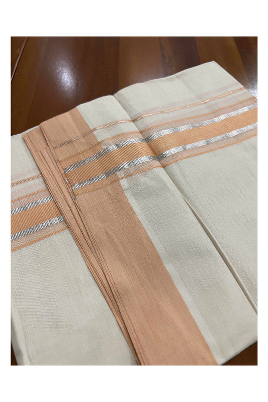 Off White Kerala Double Mundu with Silver Kasavu and Orange Border (South Indian Dhoti)