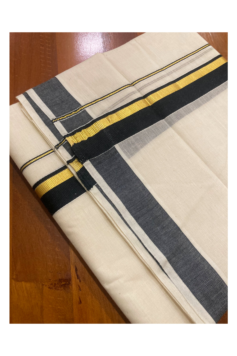 Pure Cotton Kerala Double Mundu with Kasavu and Black Border (South Indian Dhoti)