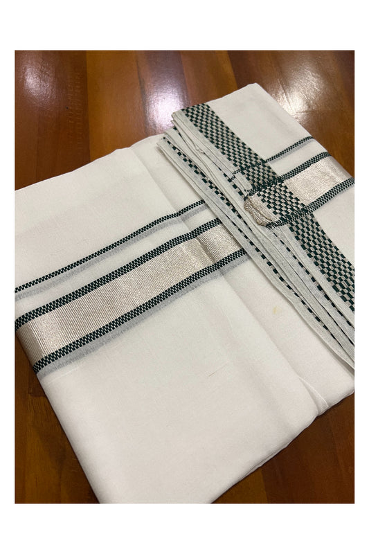 Southloom Balaramapuram Handloom Pure White Cotton Mundu with Silver Kasavu and Dark Green Woven Kara (South Indian Dhoti)