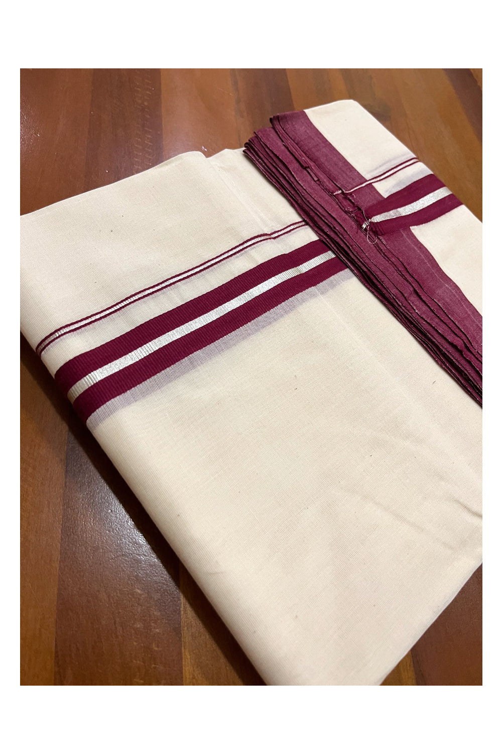 Southloom Premium Handloom Double Mundu with Silver Kasavu and Maroon Border