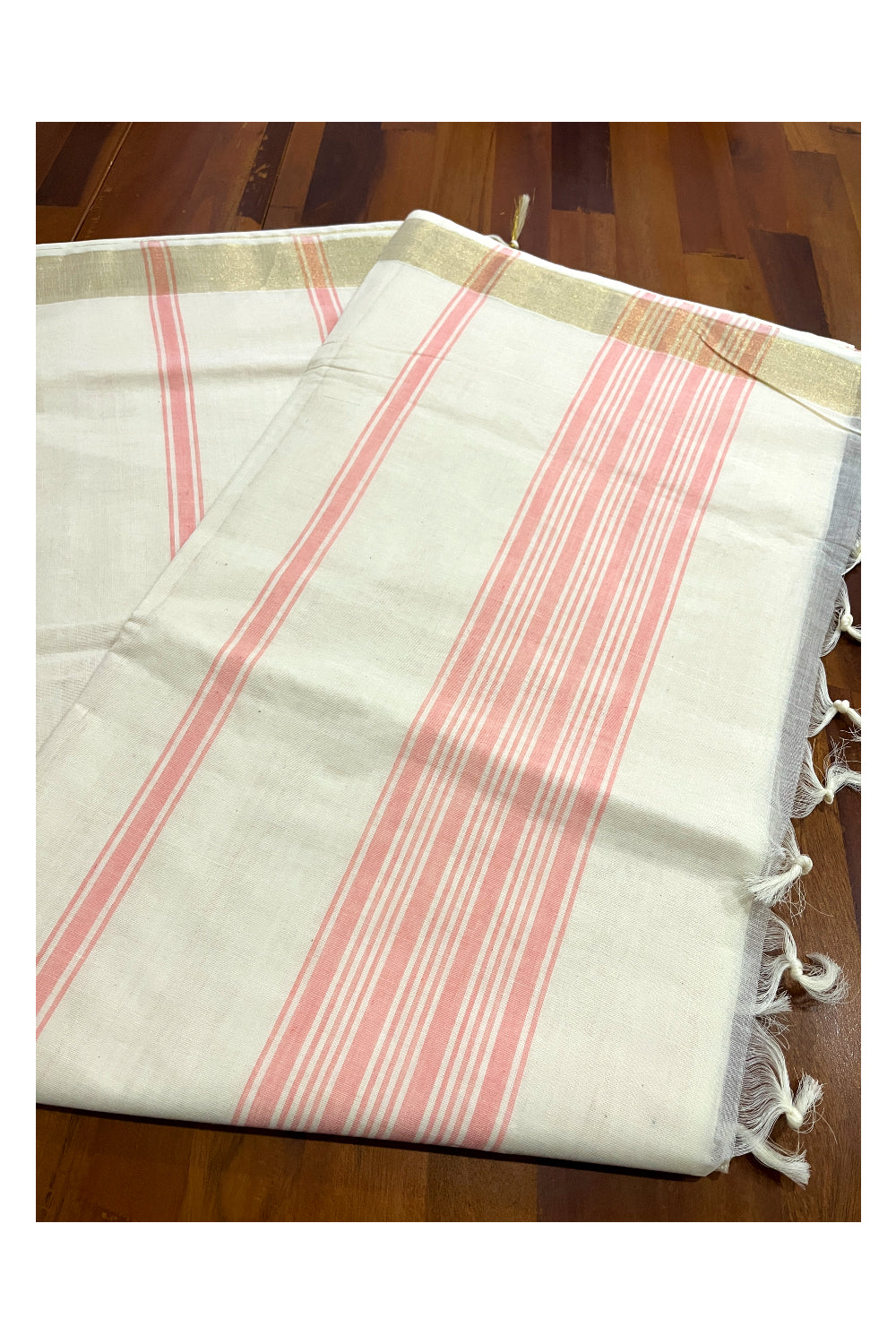 Pure Cotton Off White Kerala Saree with Pink Pallu and Lines Design Running Blouse Piece (Onam Saree 2023)