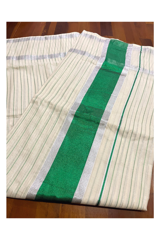 Pure Cotton Kerala Silver Kasavu Lines Saree Green Kasavu Pallu