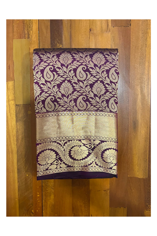 Southloom Double Warp Handloom Pure Silk Kanchipuram Purple Manthrakodi Saree with Kasavu Woven Works