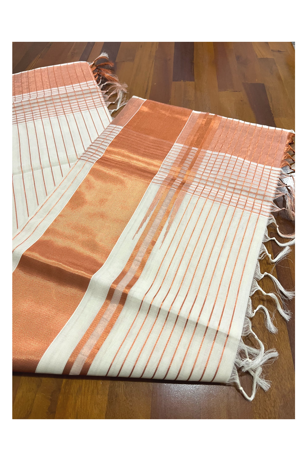 Southloom™ Handloom Kerala Premium Saree with Copper Kasavu Lines on Body