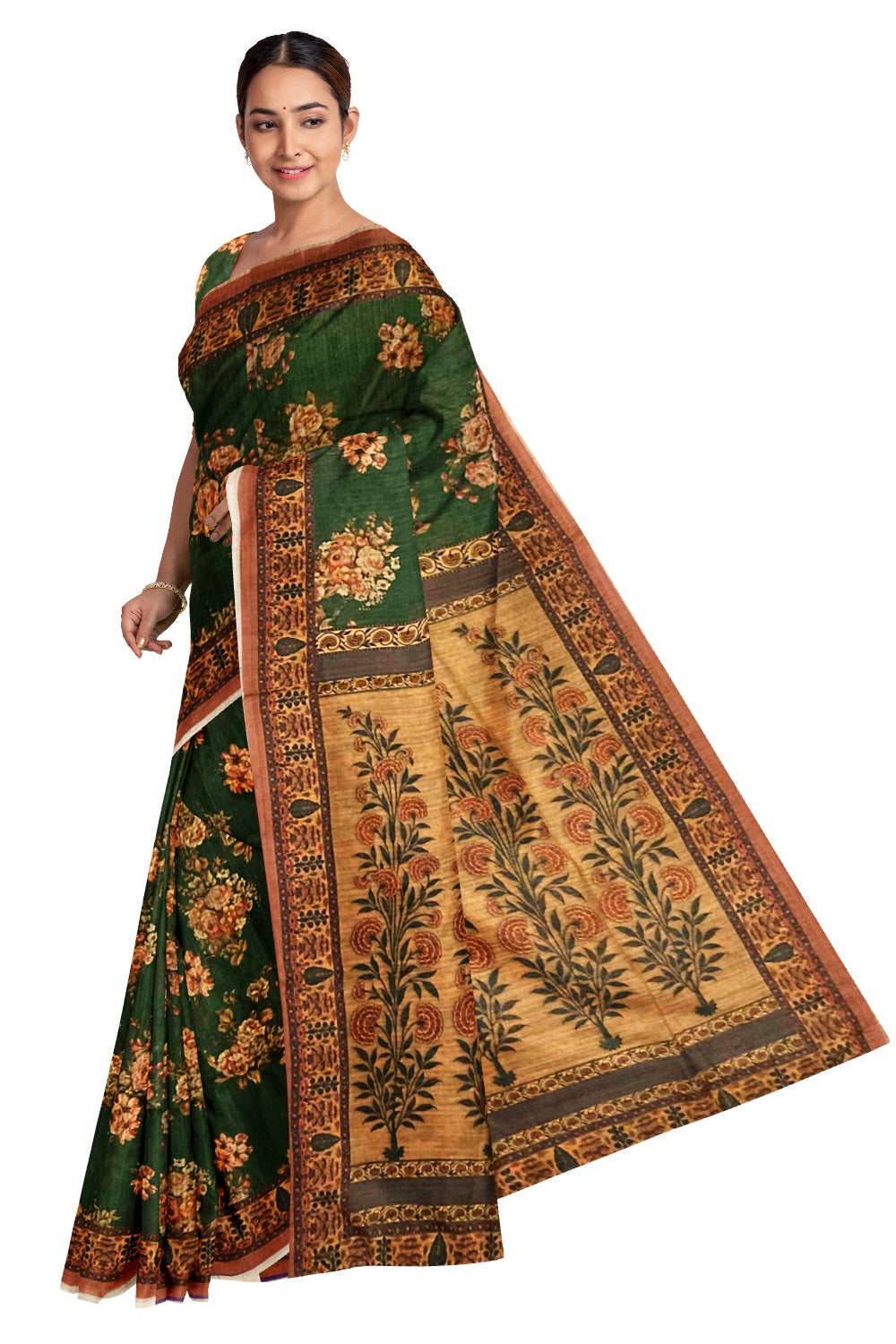 Southloom Semi Silk Dark Green and Brown Floral work Designer Saree