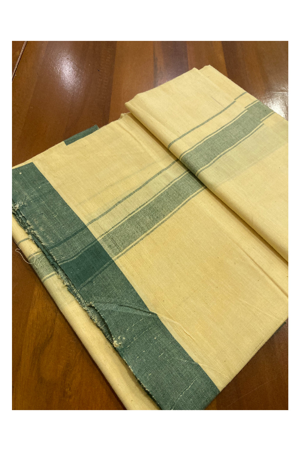 Southloom Premium Handloom Yellow Solid Single Mundu (Lungi) with Green Border