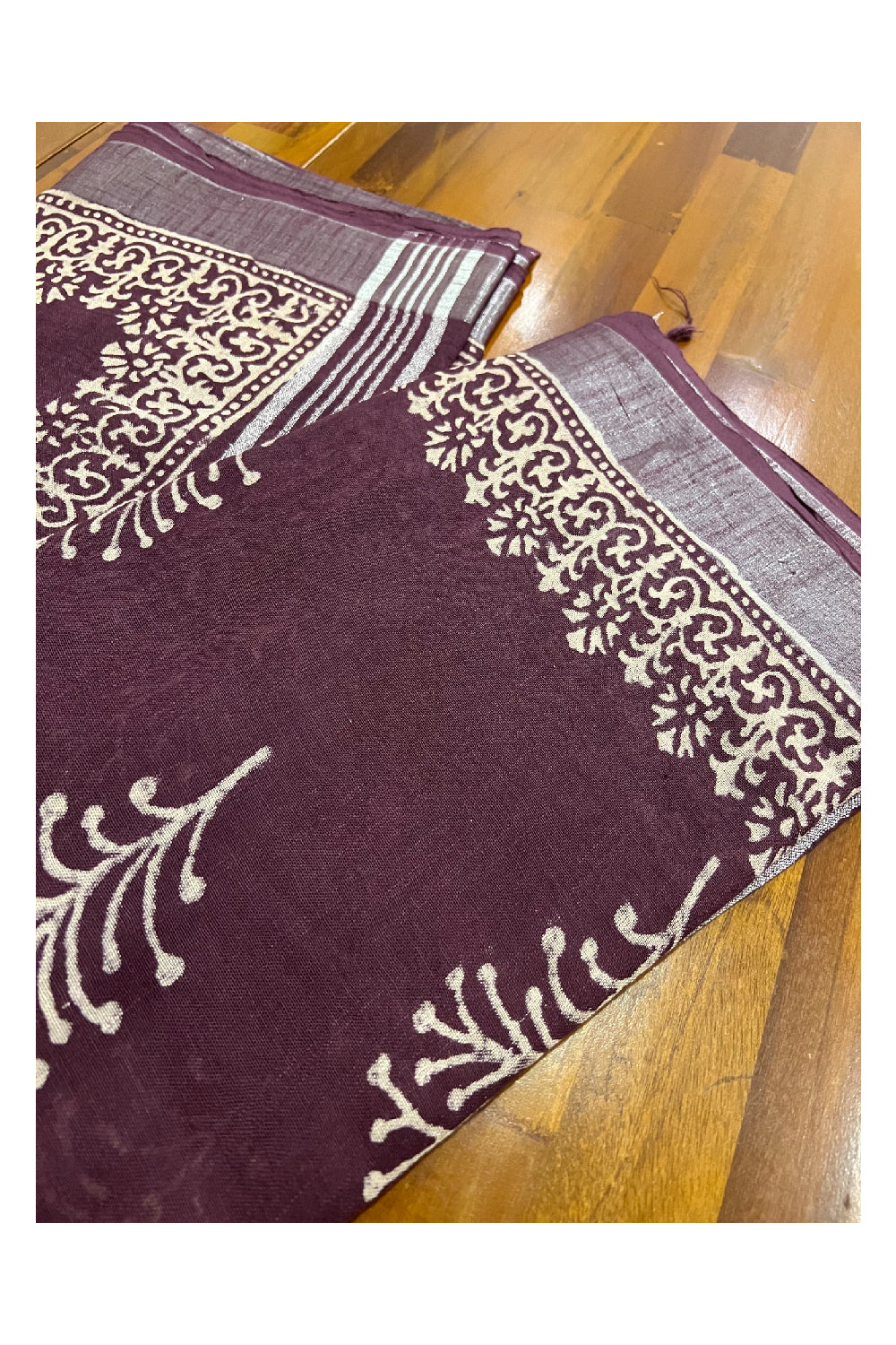 Southloom Linen Purple Brown Designer Saree with White Prints and Tassels on Pallu