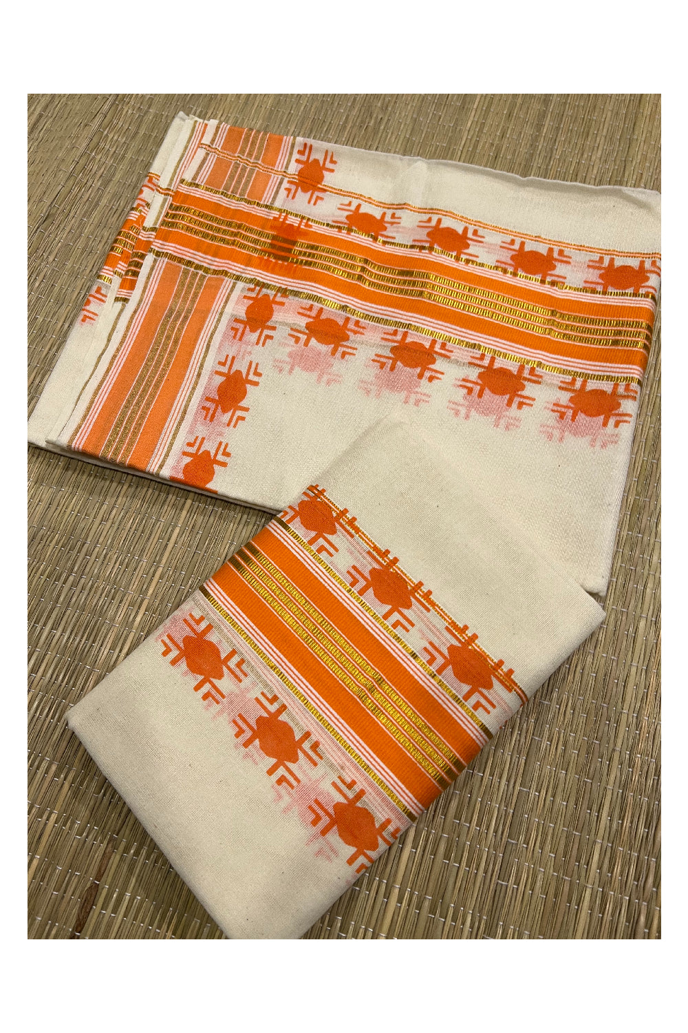 Kerala Cotton Kasavu Set Mundu (Mundum Neriyathum) with Orange Block Prints on Border
