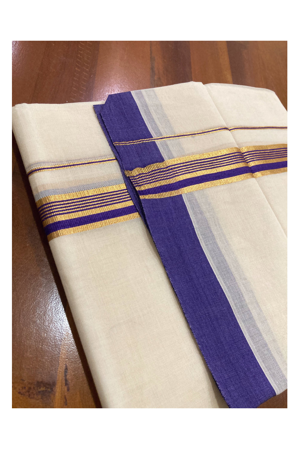 Pure Cotton Off White Double Mundu with Violet and Kasavu Border (South Indian Dhoti)