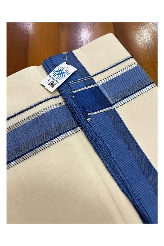 Southloom Premium Unakkupaavu Handloom Mundu with Silver Kasavu and Blue Border (South Indian Kerala Dhoti)