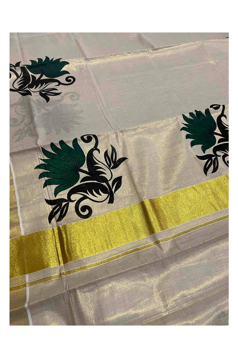 Kerala Tissue Kasavu Saree with Dark Green Floral Mural Prints on Border