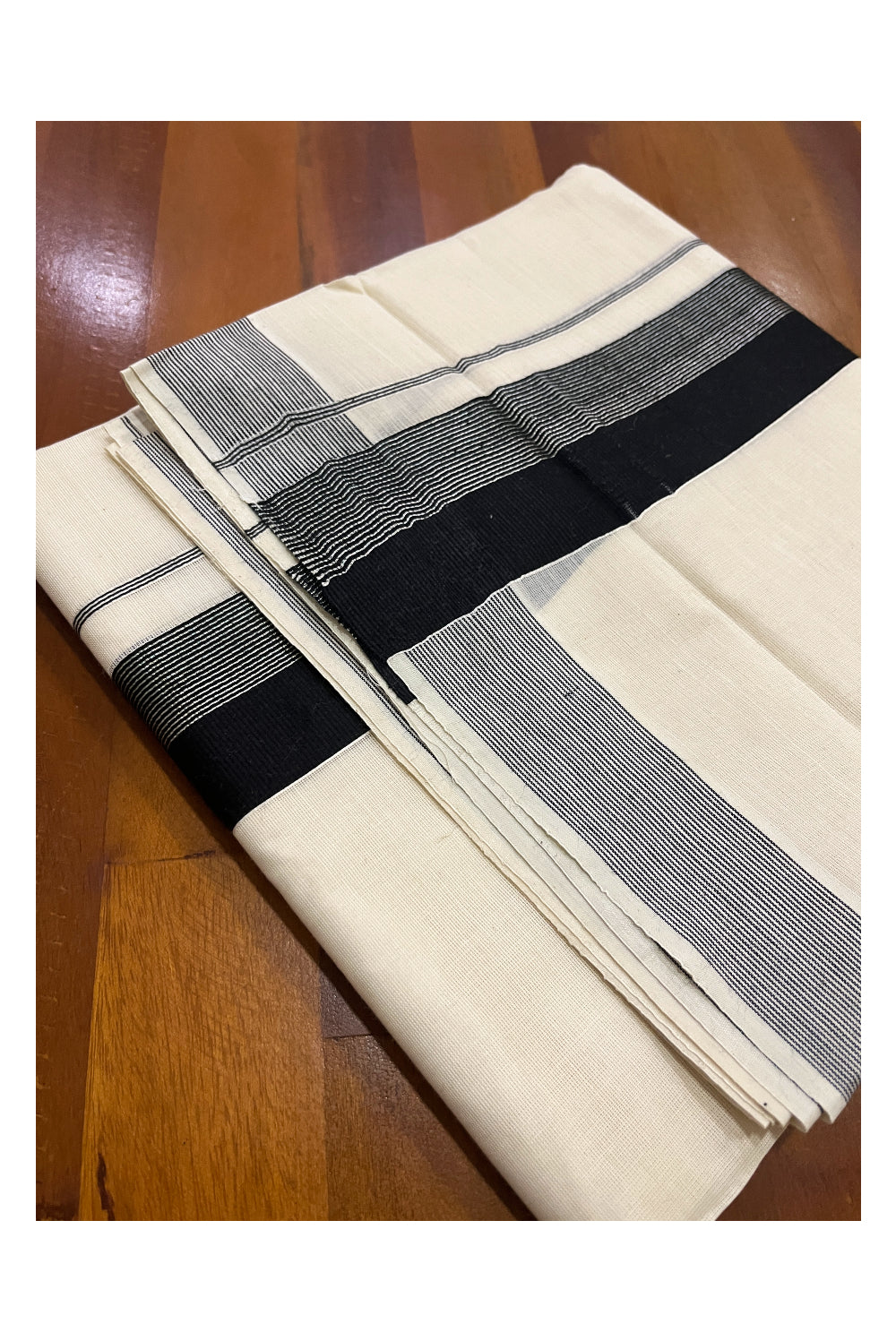 Pure Cotton Off White Double Mundu with Black and Silver Line Kara (South Indian Dhoti)