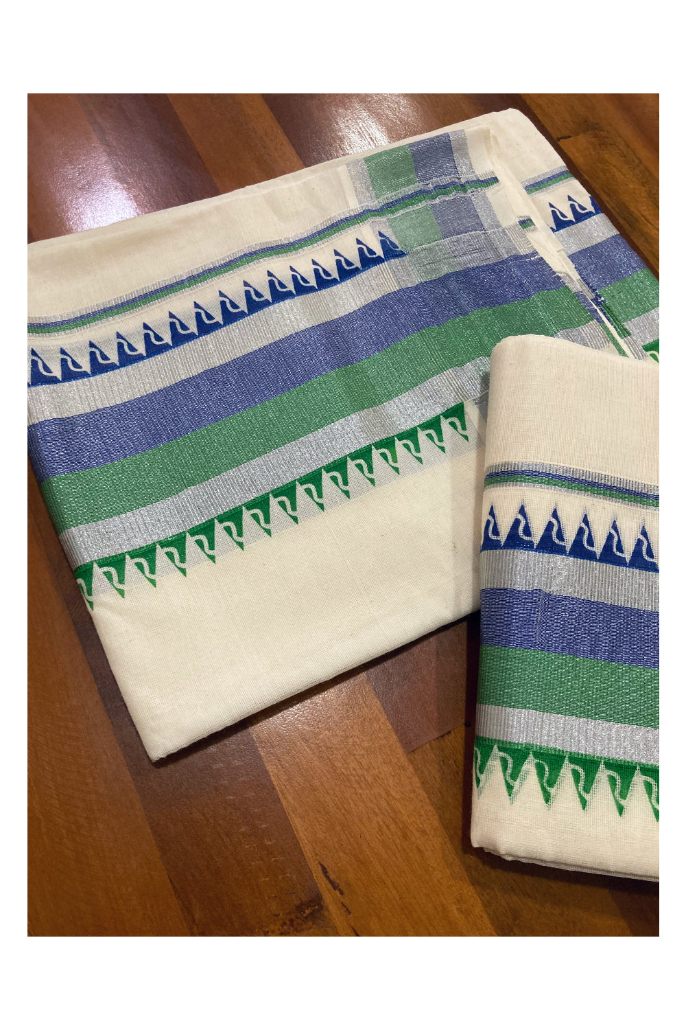 Cotton Silver Kasavu Set Mundu (Mundum Neriyathum) with Green and Blue Temple Border