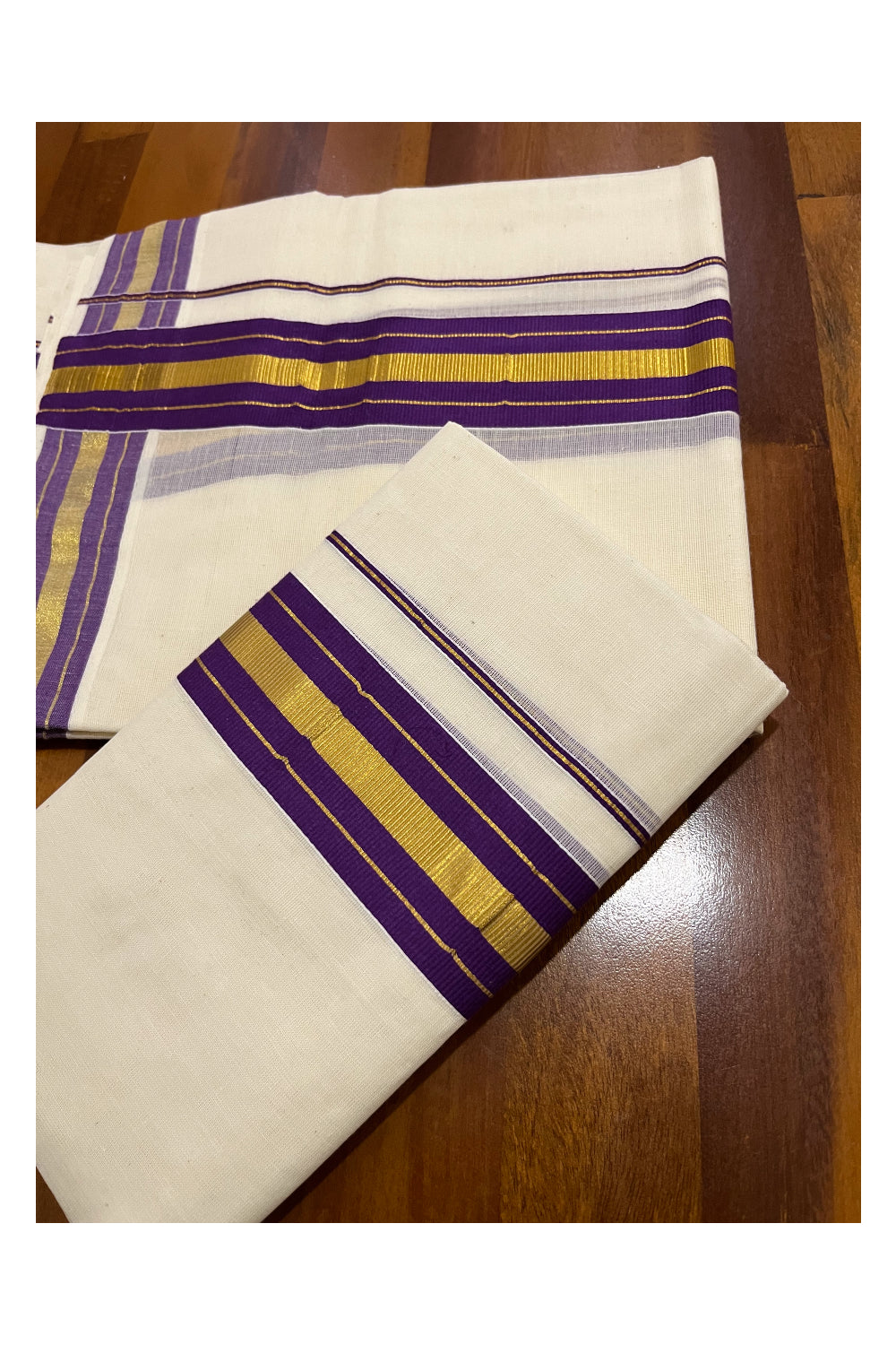 Pure Cotton Kerala Single Set Mundu (Mundum Neriyathum) with Violet and Kasavu Border 2.80 Mtrs