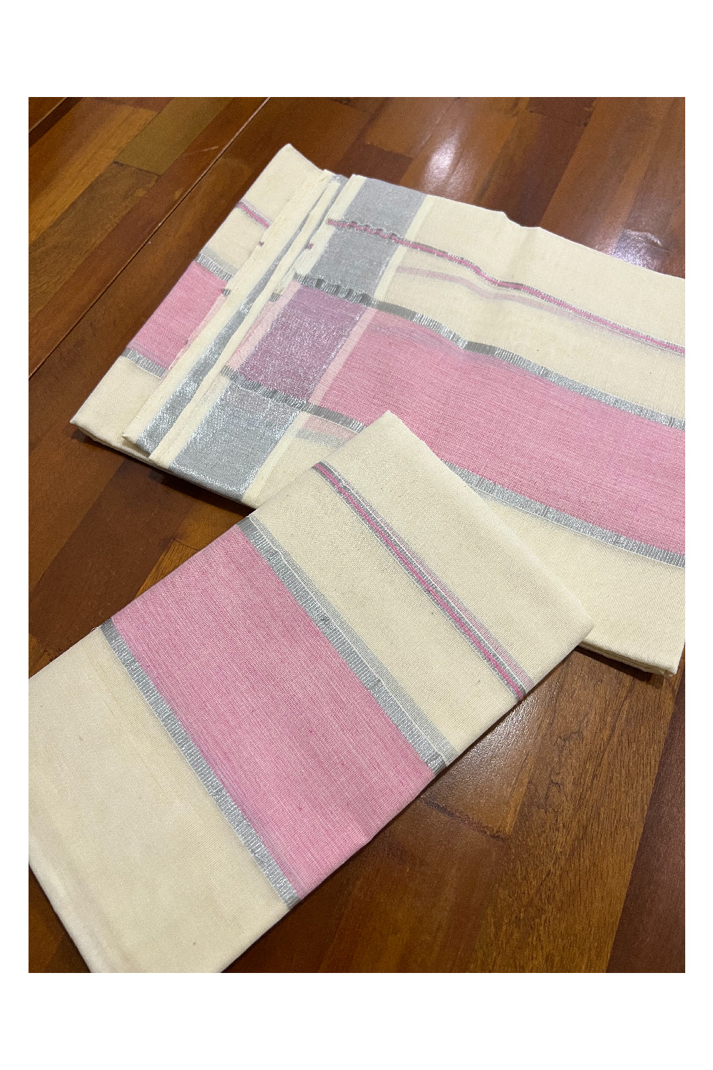 Kerala Cotton Set Mundu (Mundum Neriyathum) with Pink and Narrow Silver Kasavu Border