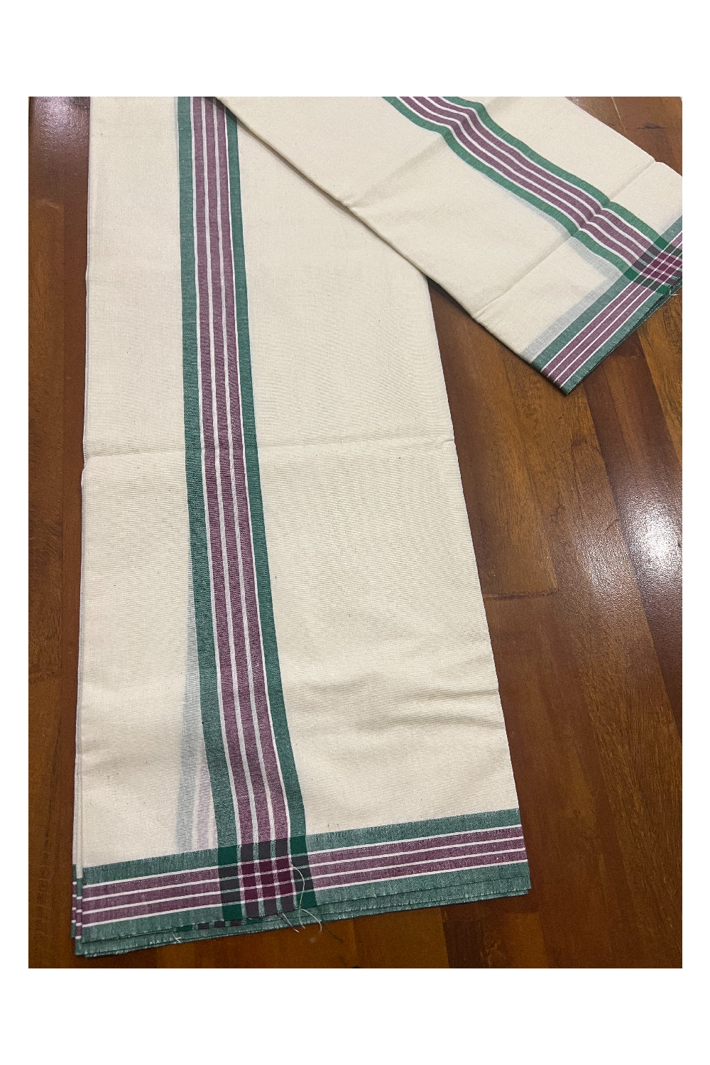 Kerala Cotton Mundum Neriyathum Single (Set Mundu) with Green and Purple Mulloth Border (Extra Soft Cotton)