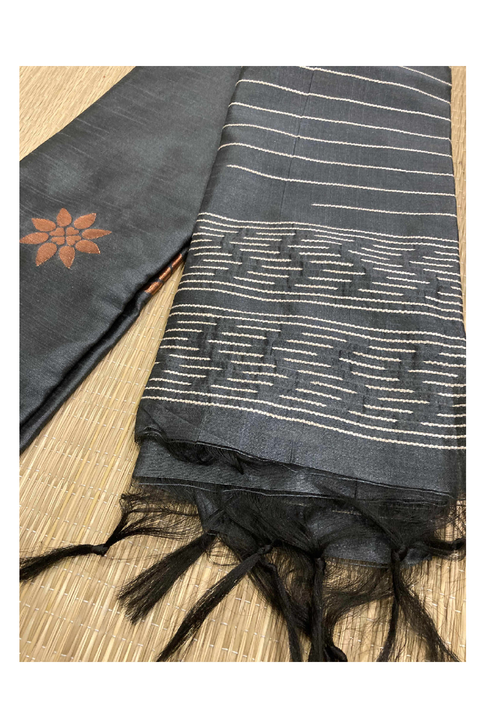 Southloom Dark Grey Semi Tussar Thread Work Designer Saree with Tassels