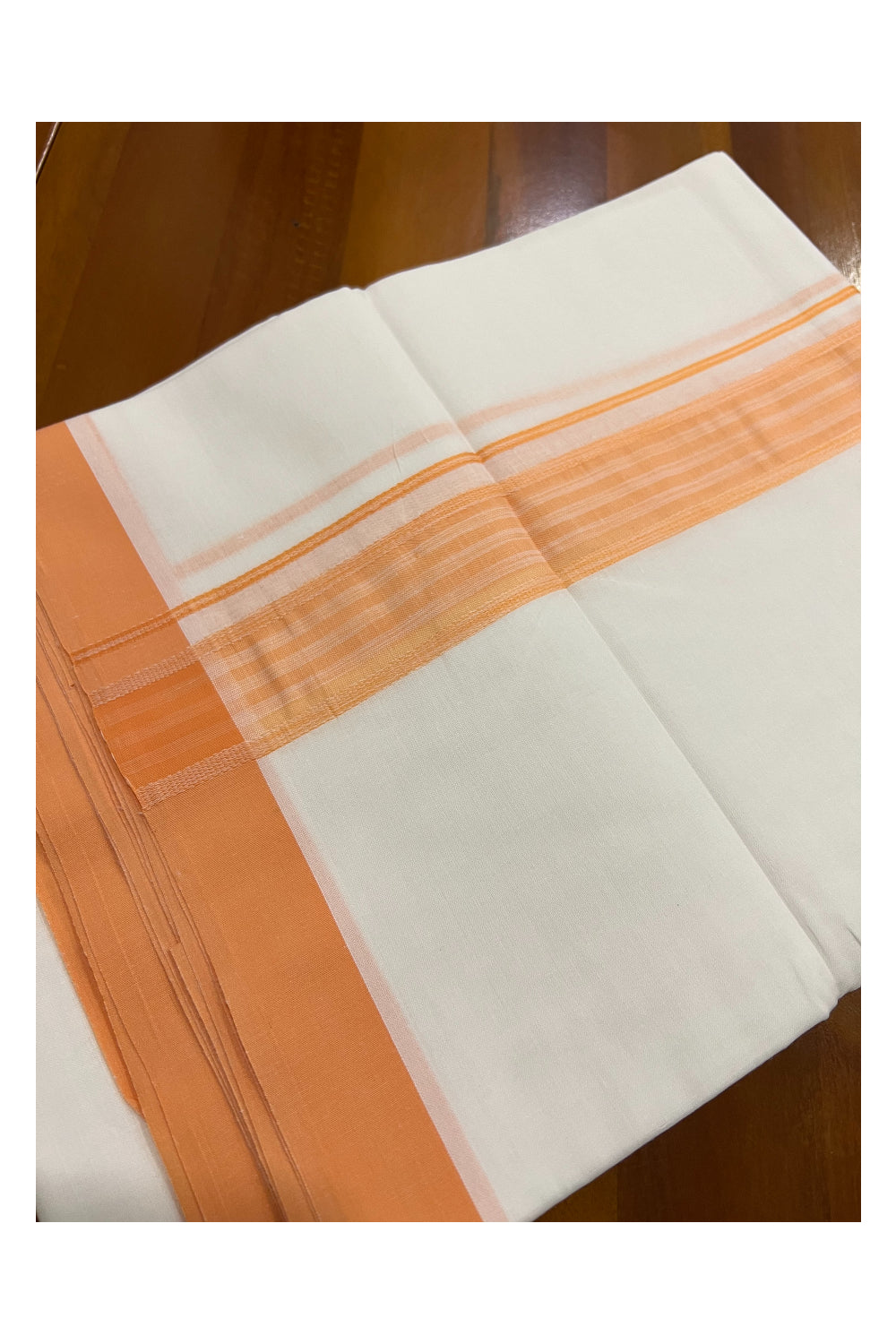 Pure White Kerala Cotton Double Mundu with Orange Border (South Indian Dhoti)