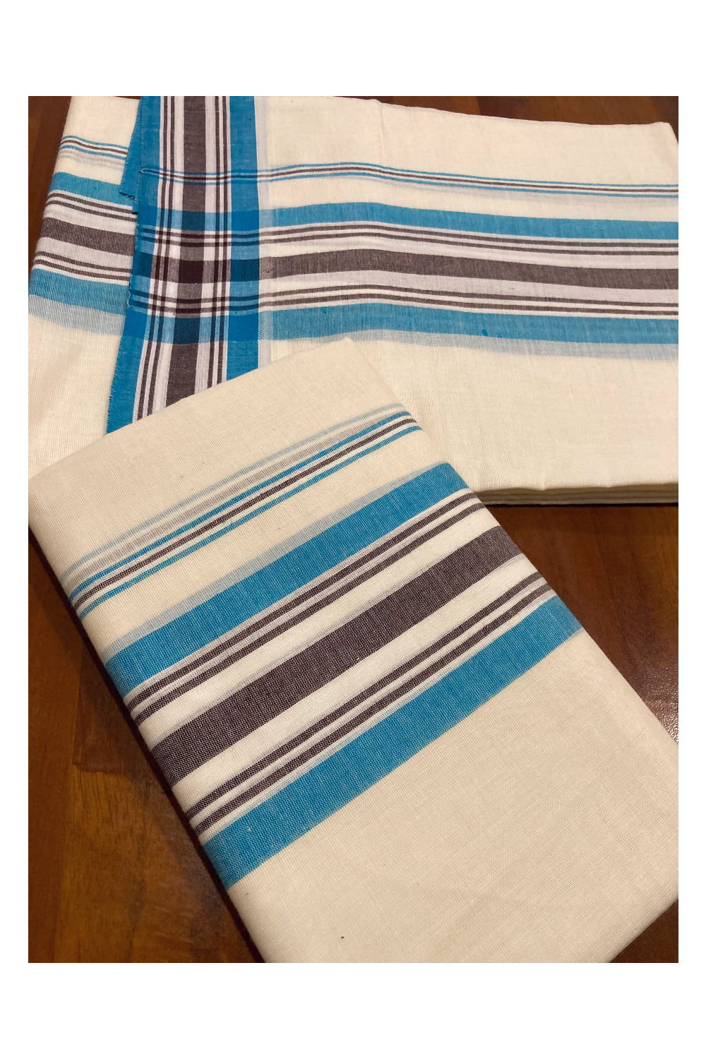 Kerala Cotton Mundum Neriyathum Single (Set Mundu) with Blue and Brown Mulloth Border (Extra Soft Cotton) 2.80 Mtrs