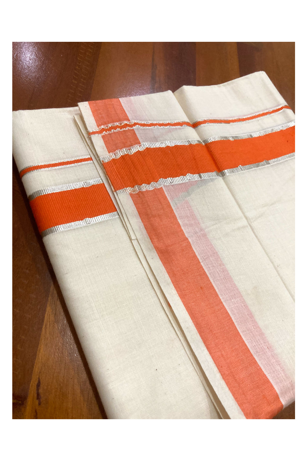 Pure Cotton Double Mundu with Orange and Silver Kasavu Border (South Indian Kerala Dhoti)