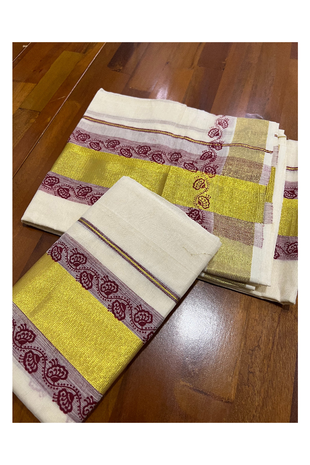 Pure Cotton Kasavu Set Mundu (Mundum Neriyathum) with Dark Red Floral Block Prints on Border