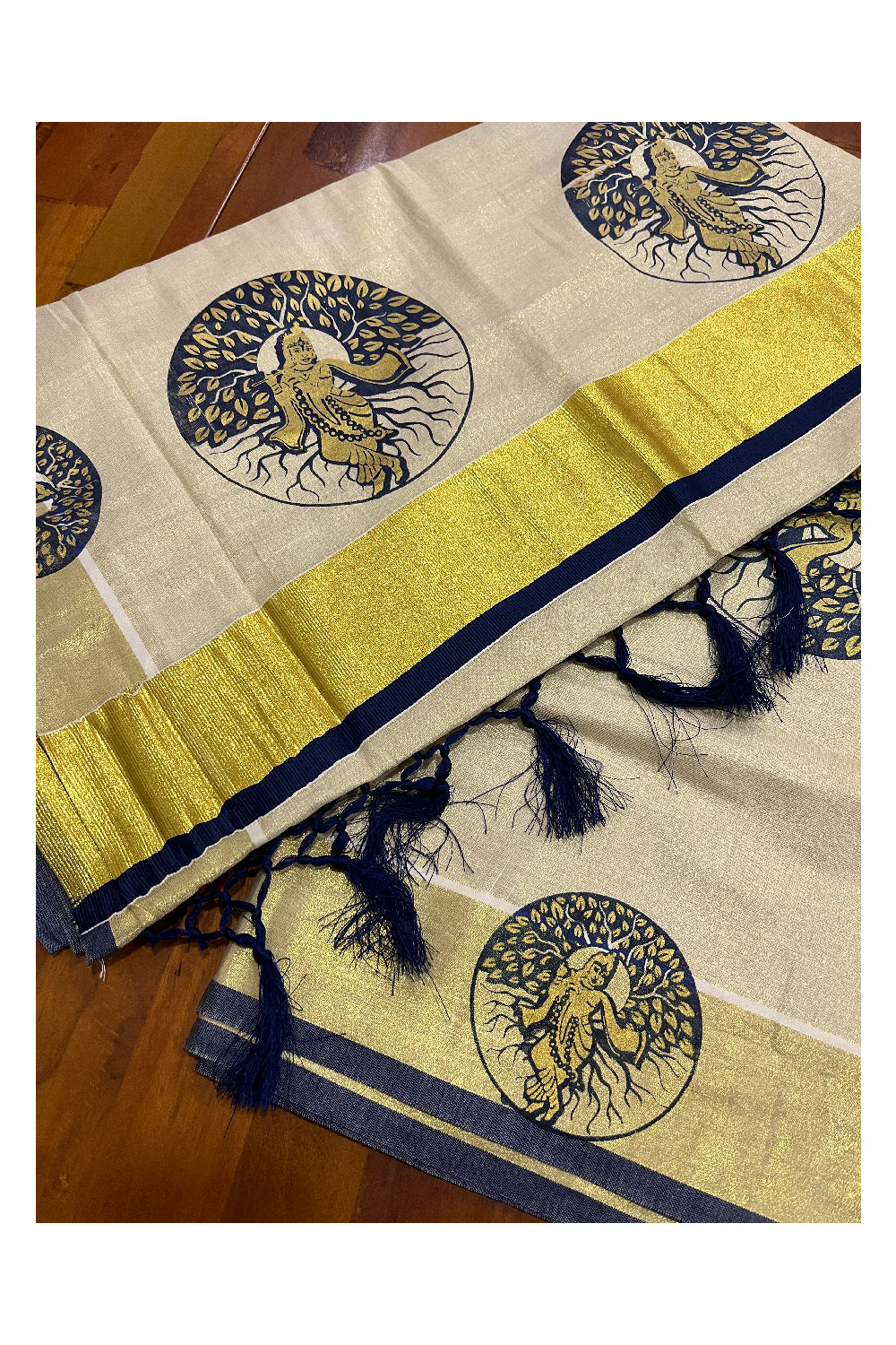 Kerala Tissue Kasavu Navy Blue Golden Krishna Block Printed Design Saree