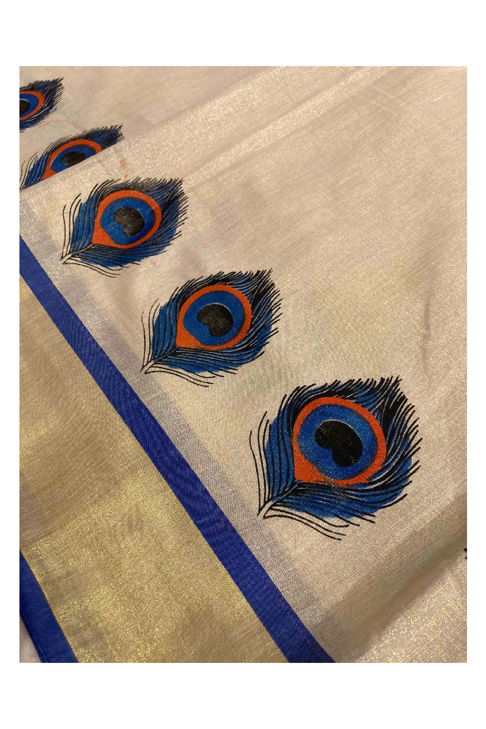 Kerala Tissue Kasavu Mural Printed Peacock Feather Saree with Blue Border