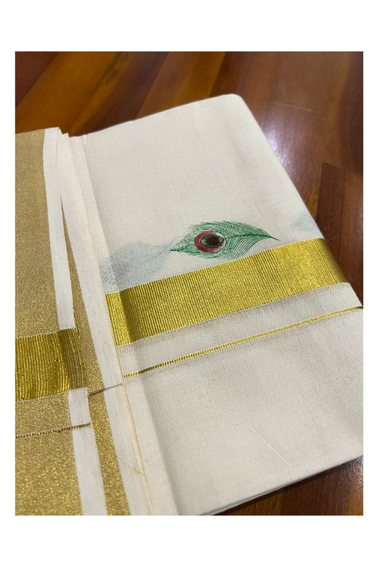 Off White Cotton Mundu with Mural Prints on Kasavu Kara (South Indian Dhoti)