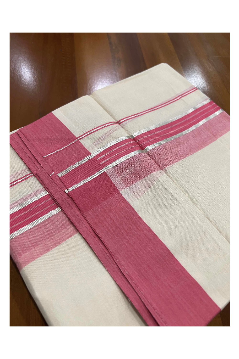 Off White Kerala Double Mundu with Silver Kasavu and Pink Border (South Indian Dhoti)