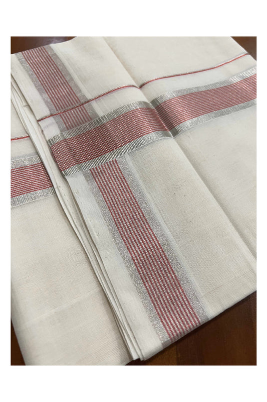 Southloom Kuthampully Pure Cotton Handloom Mundu with Silver and Red Kasavu Lines Border