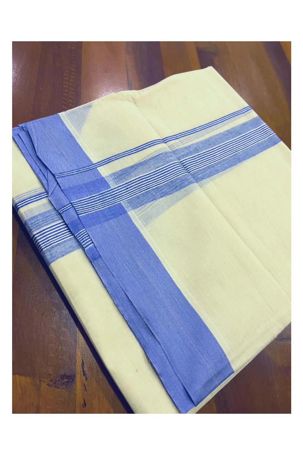 Pure Cotton Off White Double Mundu with Blue Kara (South Indian Dhoti)