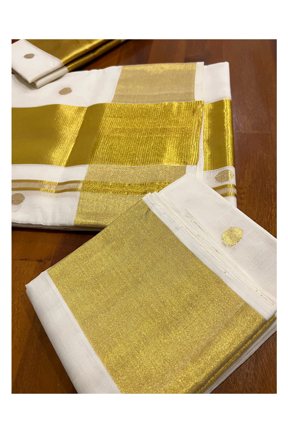 Southloom Handloom Premium Single Wedding Set Mundu (Mundum Neriyathum) with Golden Polka Dots Across Body and Kasavu Border Including Blouse Piece 2.80 Mtrs