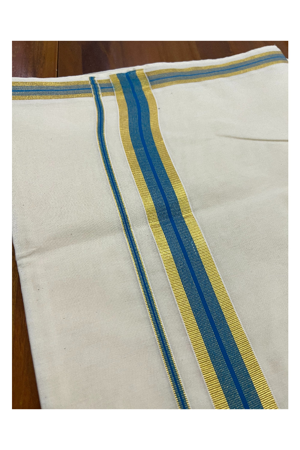 Kerala Pure Cotton Plain Saree with Kasavu and Light Blue Border