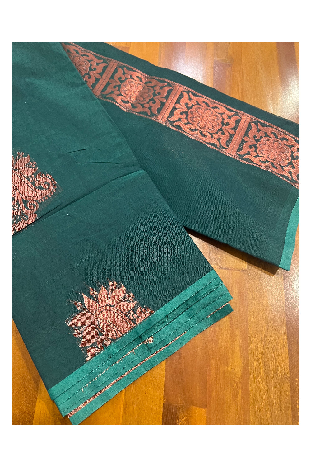 Southloom Dark Green Cotton Silk Saree with Copper Kasavu Woven Works on Body