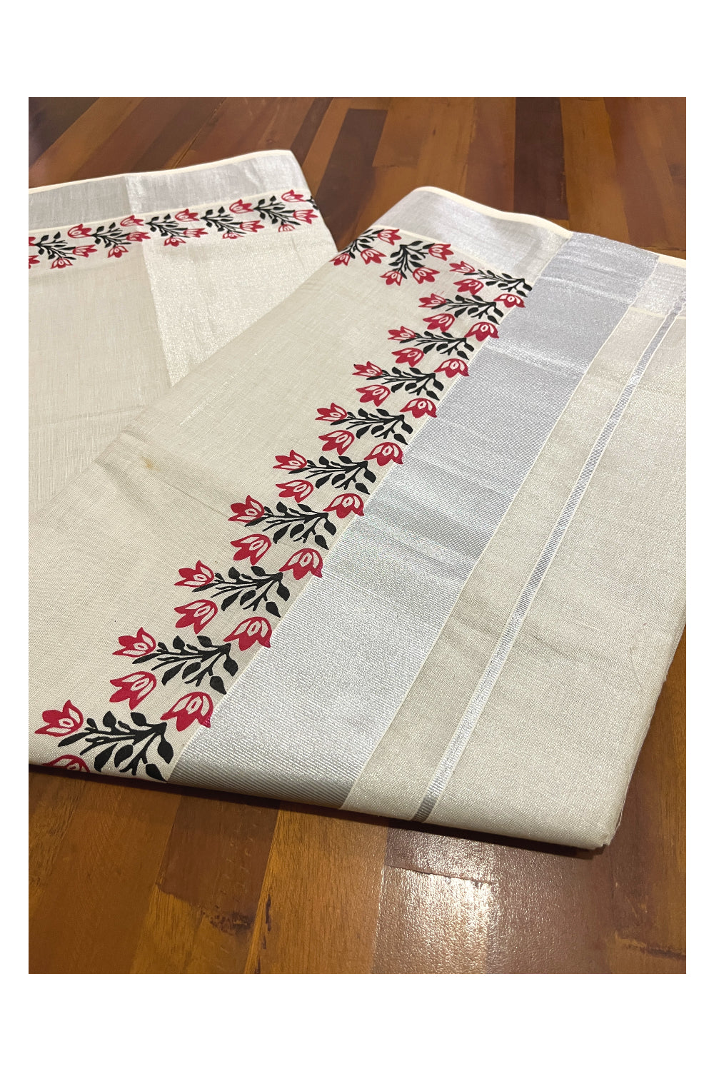 Kerala Silver Tissue Kasavu Saree with Red and Black Block Prints