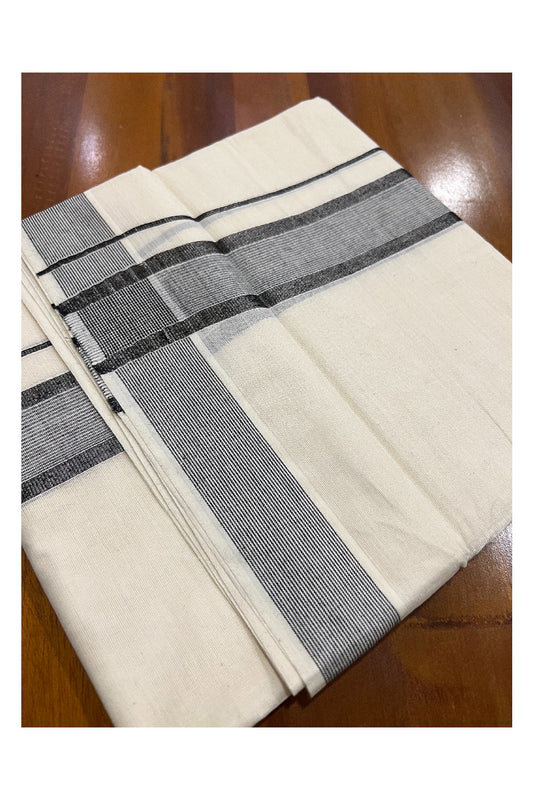 Pure Cotton Off White Double Mundu with Black and Silver Kasavu Border (South Indian Dhoti)