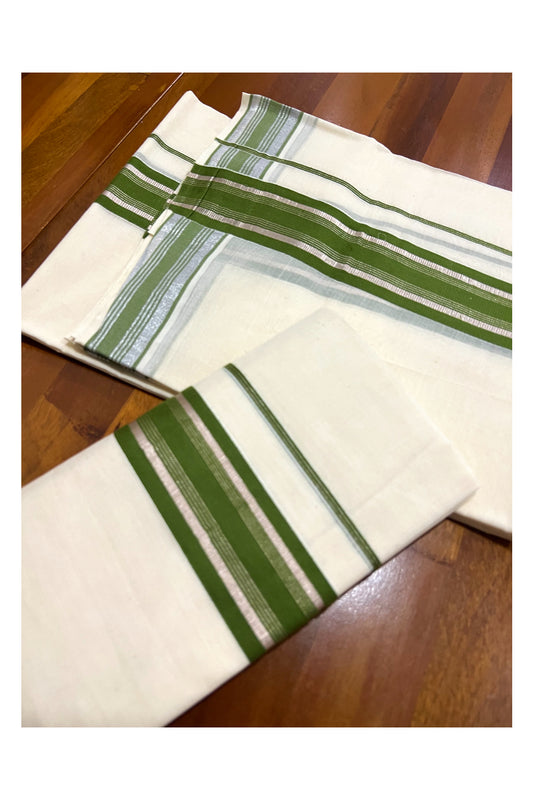 Kerala Cotton Mundum Neriyathum Single (Set Mundu) with Green and Silver Kasavu Border 2.80 Mtrs