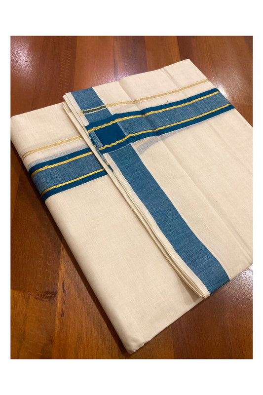 Off White Pure Cotton Double Mundu with Kasavu and Blue Border (South Indian Dhoti)