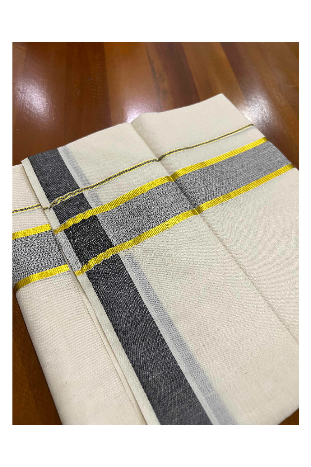 Off White Kerala Double Mundu with Kasavu and Black Border (South Indian Dhoti)