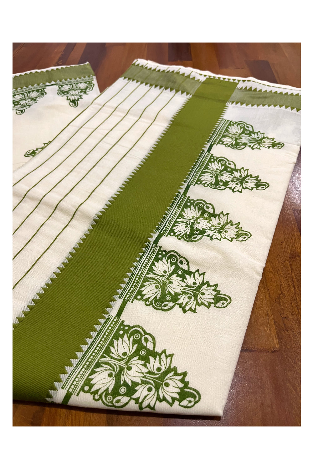 Pure Cotton Kerala Saree with Green Floral Block Printed Border